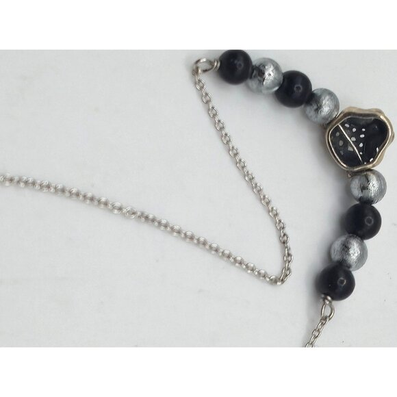 Sterling Silver Necklace Cat Head Pendant Black & Silver Beads Animal Jewelry - Picture 4 of 6